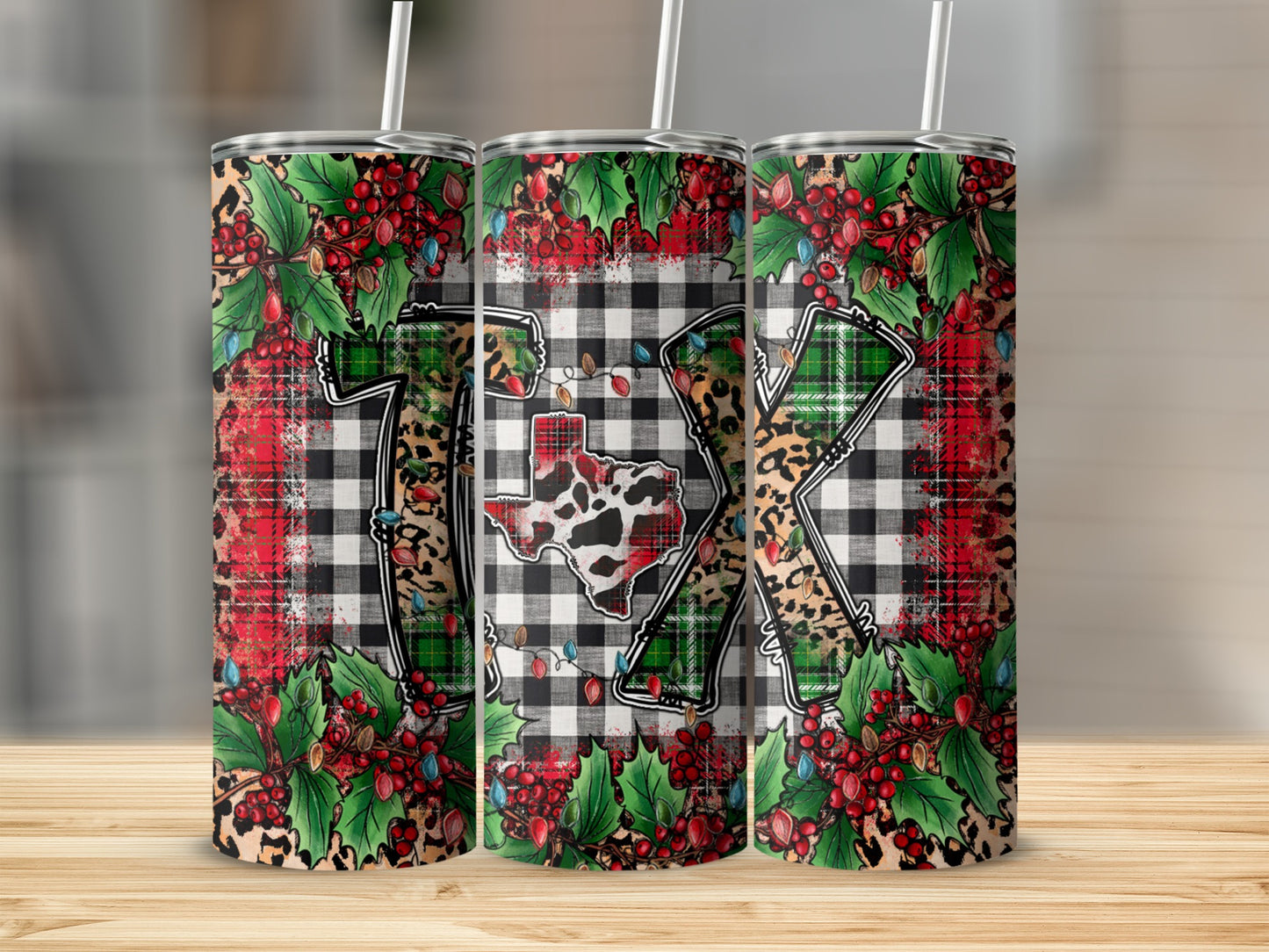 Tinsel and holly decorate a plaid tumbler featuring a Texas map outline.