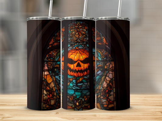 Stained glass tumbler design featuring a jack-o'-lantern in a gothic archway.