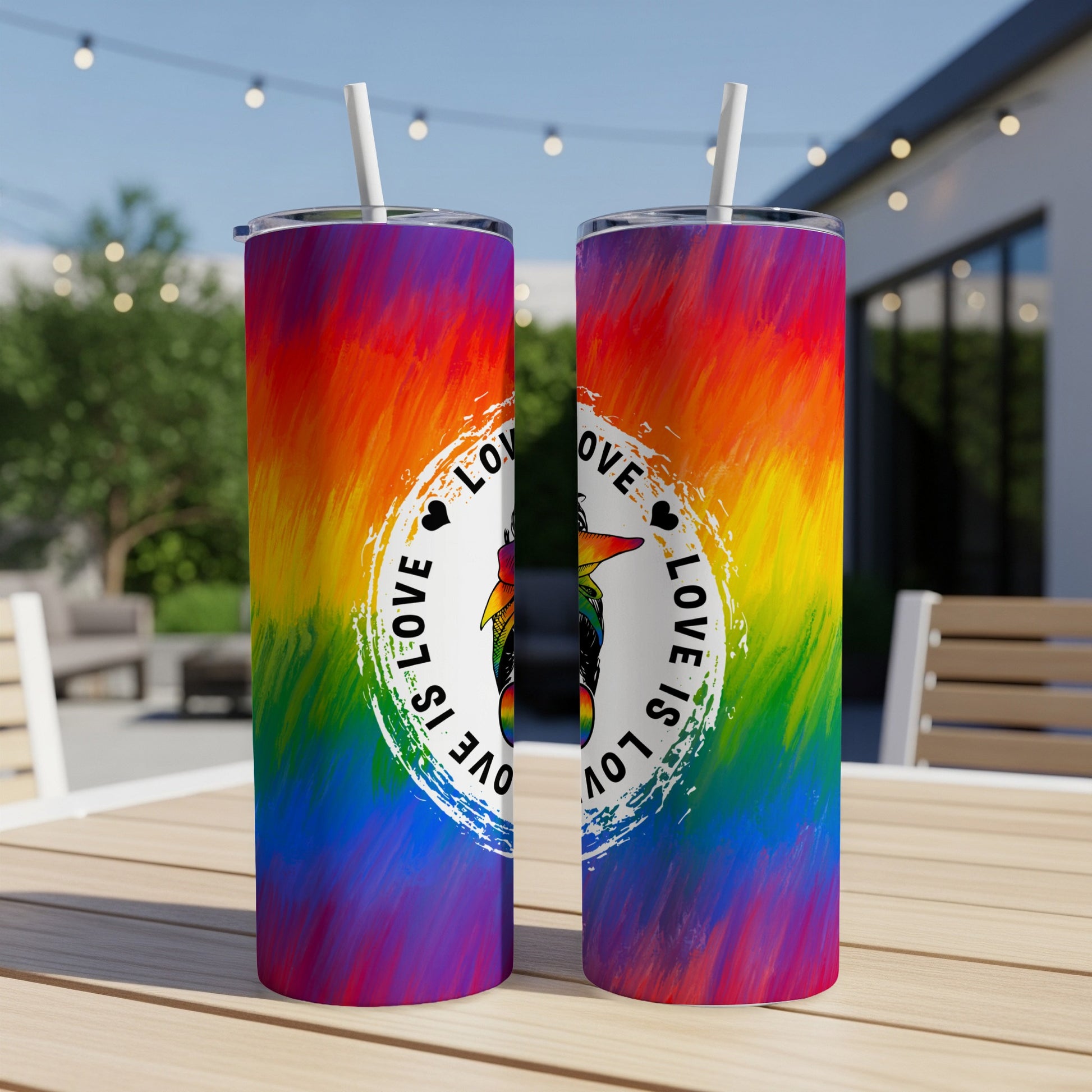 Two tumblers with rainbow watercolor design and "Love is Love" text.