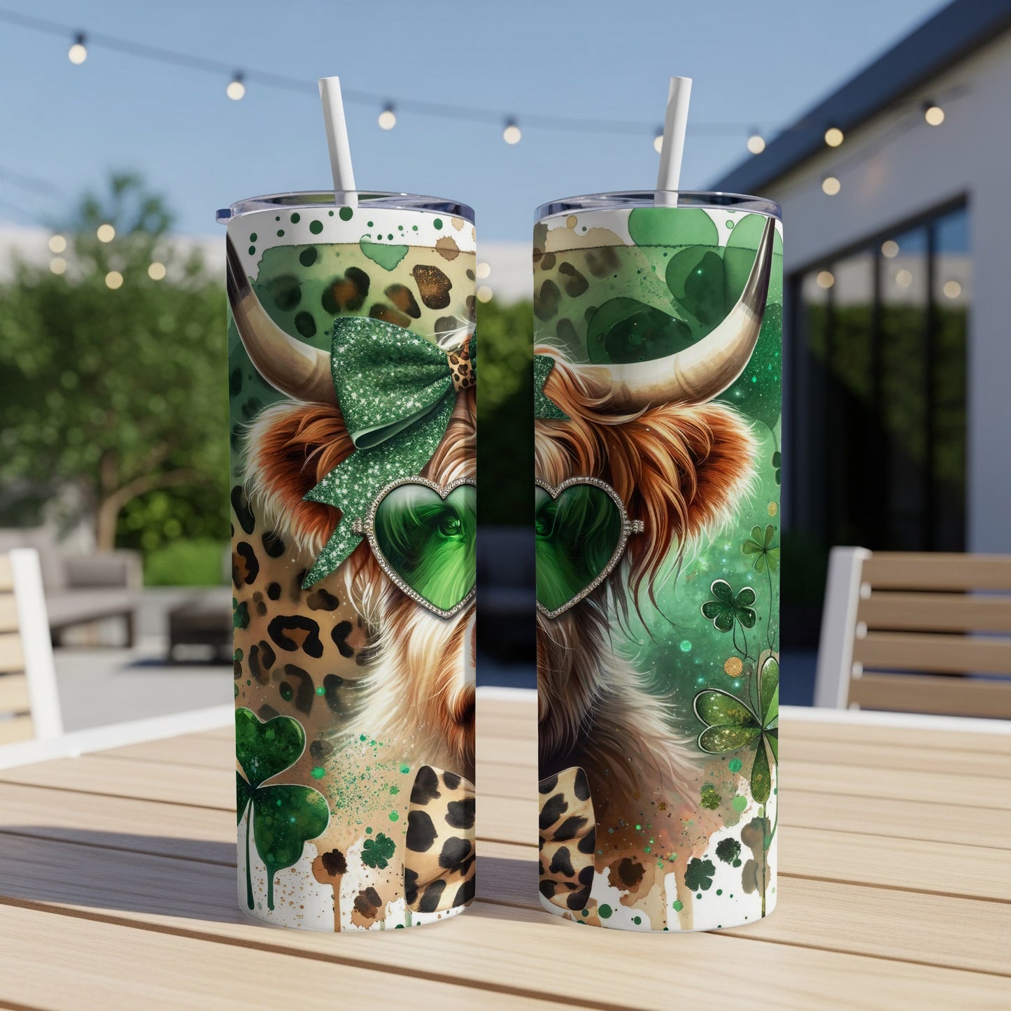 St. Patrick's Day Highland cow tumbler with green heart sunglasses and shamrocks.