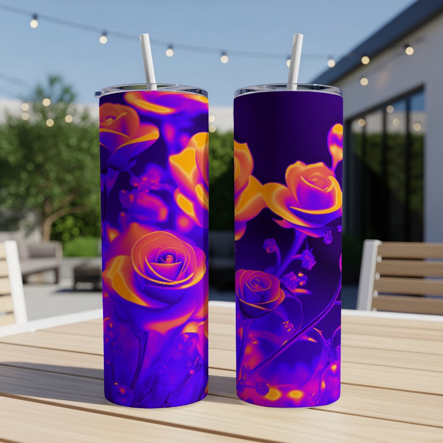 Two tumblers with a vibrant rose floral design in purple and orange.
