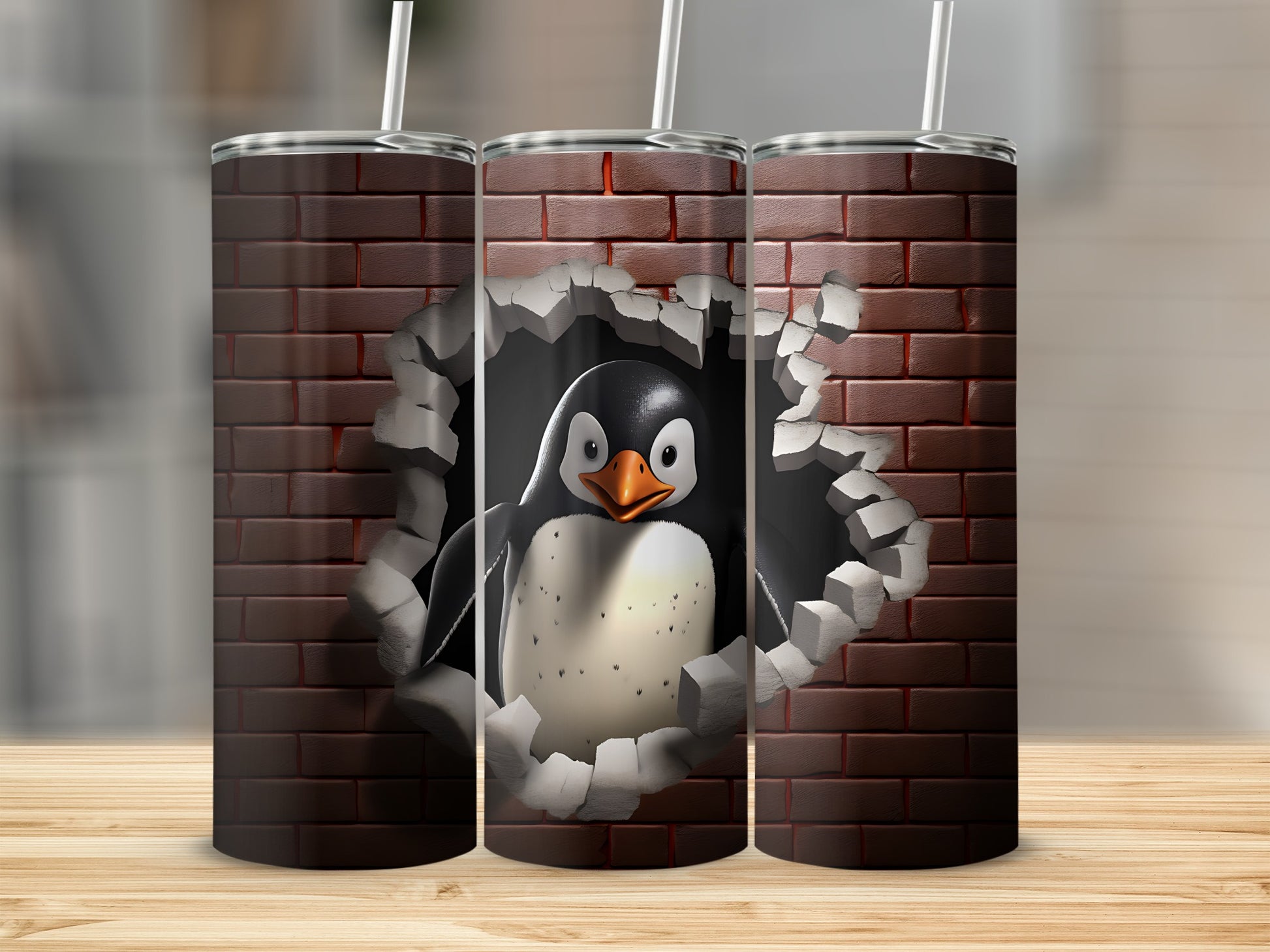 Penguin bursting through a brick wall on a 30 oz tumbler.