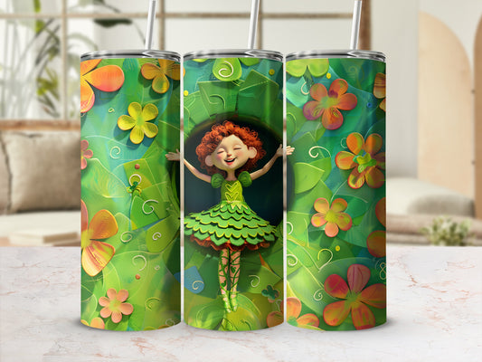 Cartoon girl in green dress surrounded by floral pattern on three tumblers.