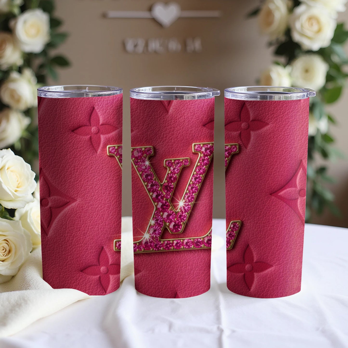 Pink Designer Print Sparkling Monogram Tumbler Product
