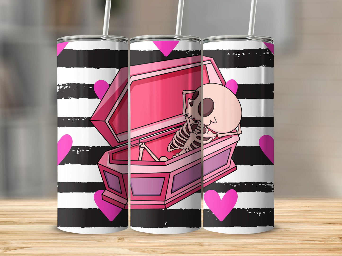 Quirky Skeleton in Coffin Tumbler with Pink Hearts