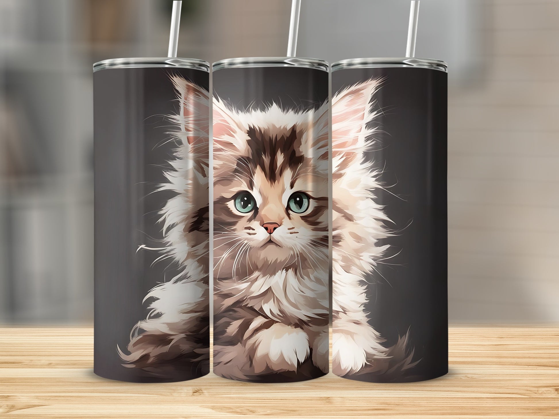 Fluffy kitten on three tumblers with straws against a dark gray background.