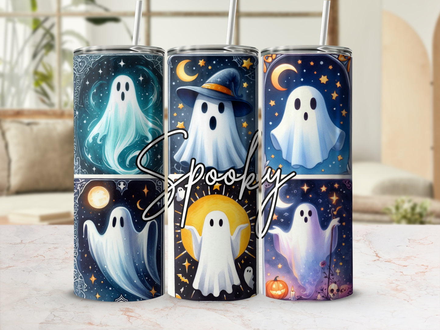 Three tumblers featuring spooky ghost Halloween designs with text overlay.