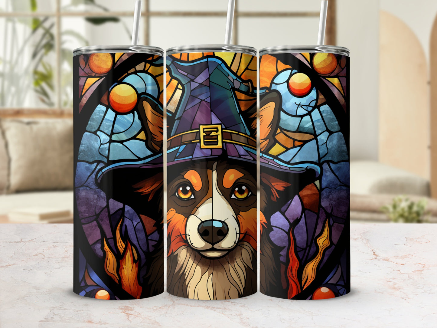 Three tumblers featuring a dog wearing a witch hat against a stained-glass background.