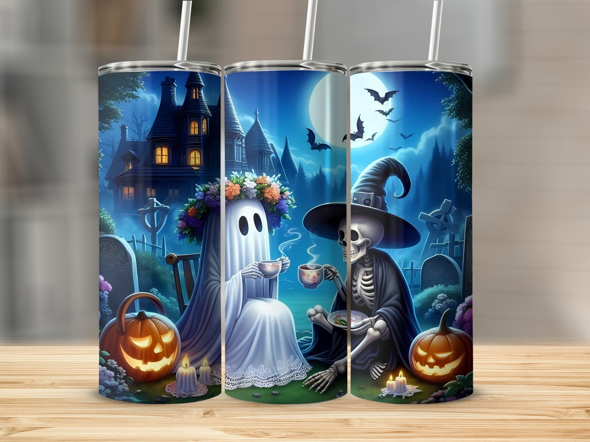 Ghost and skeleton characters share tea in a cemetery with Halloween pumpkins and a full moon.