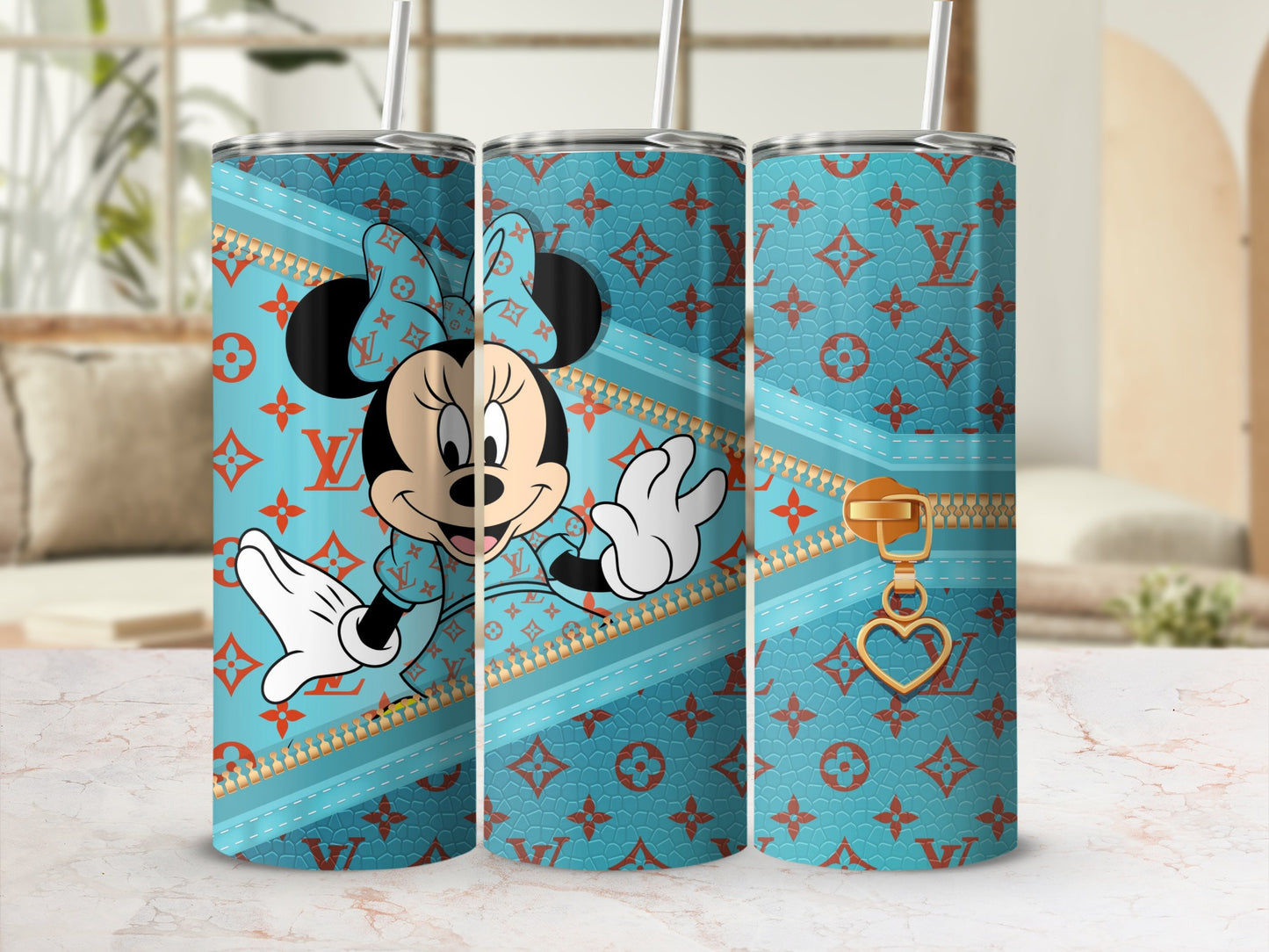 Minnie Mouse on teal background with LV-inspired pattern and gold zipper accent.
