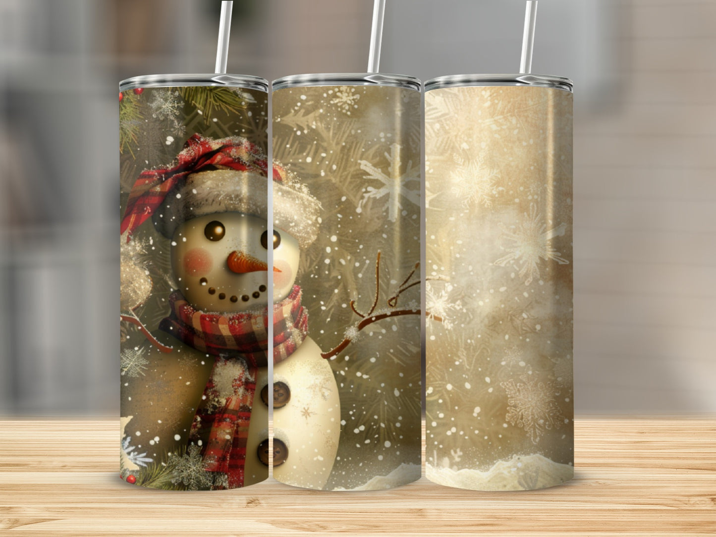 Snowman tumbler design with festive snowflakes and warm lighting.