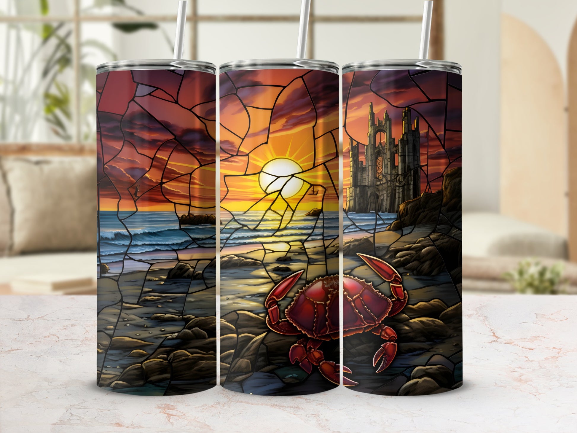 Crab and castle by the sea at sunset, stained glass design on tumbler.
