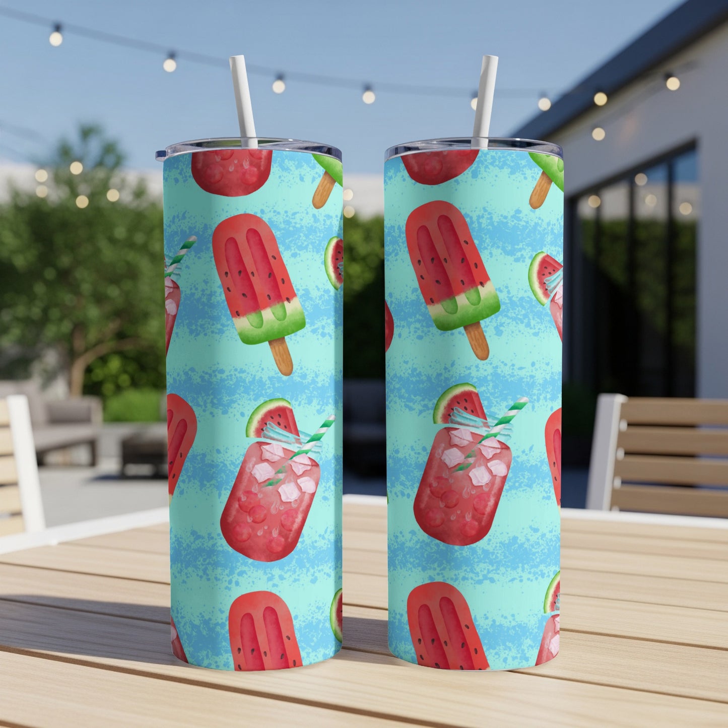Two tumblers with watermelon popsicle and drink pattern on outdoor table.