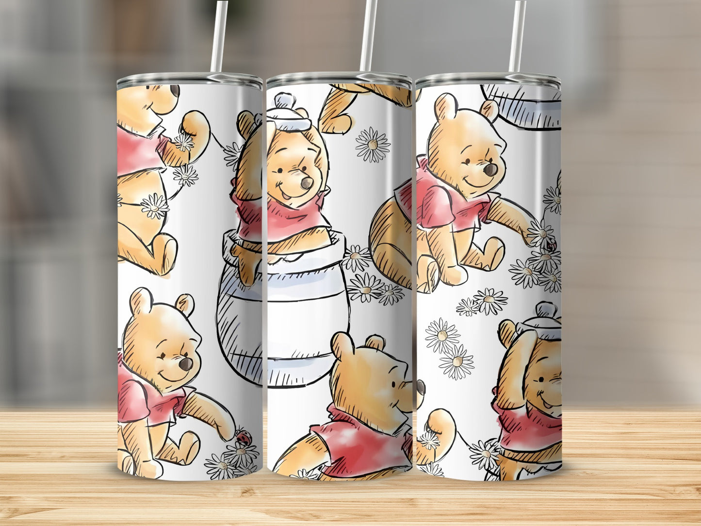 Winnie The Pooh In A Pot Surrounded by Flowers Tumblers