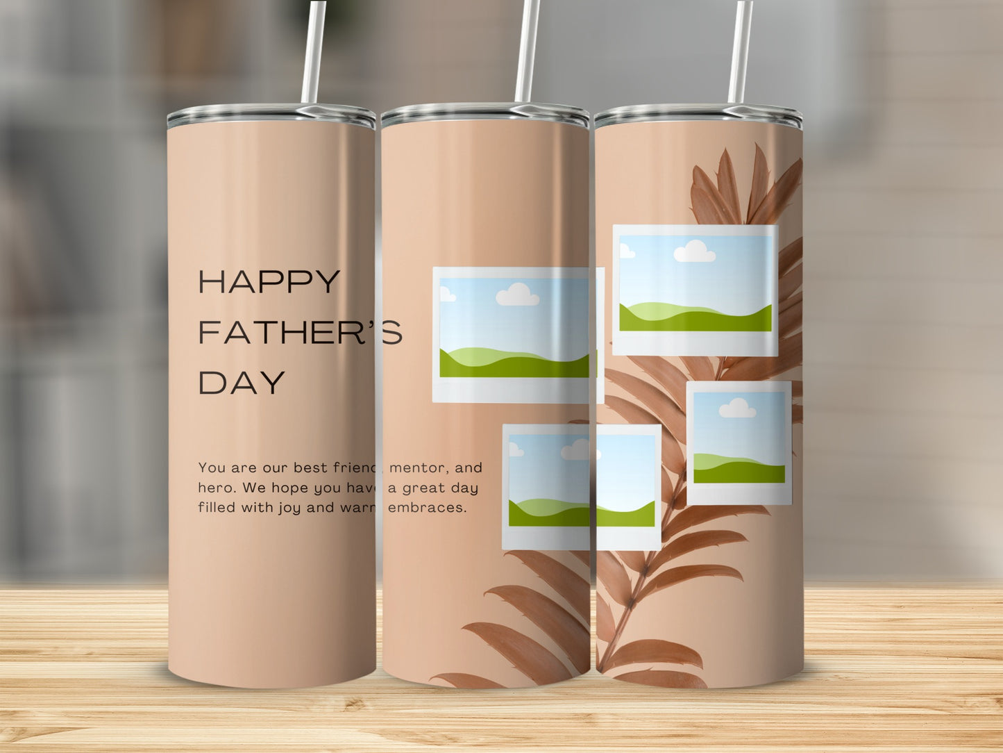 Three tumblers with "Happy Father's Day" message and photo frames.