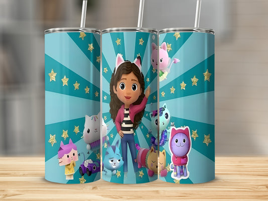 Gabby's Dollhouse characters and their pets on blue patterned tumblers.