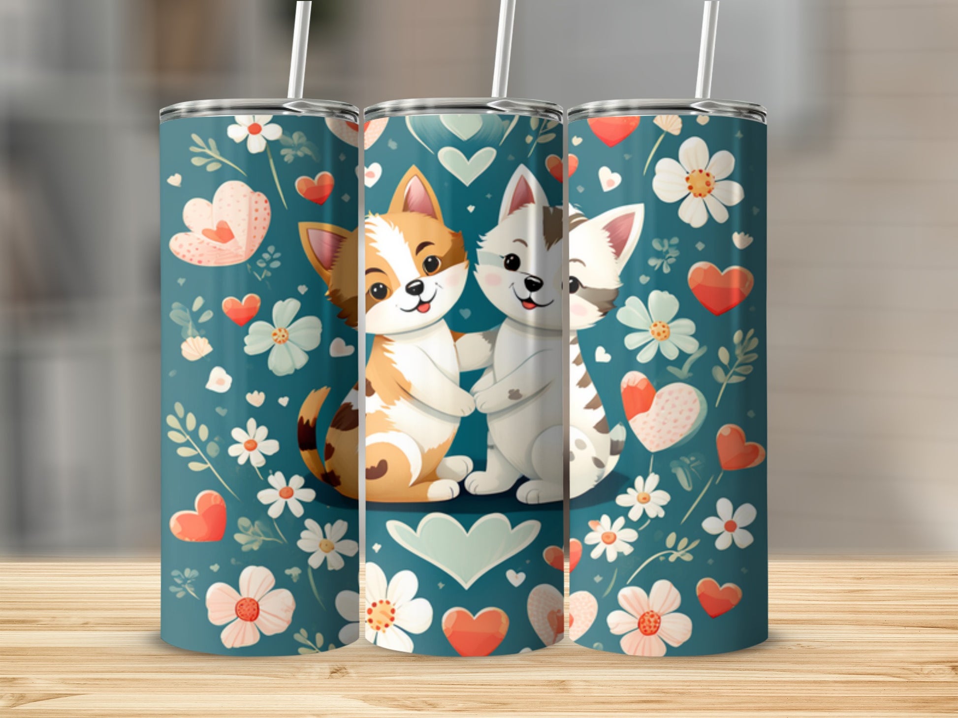 Two cats hugging with hearts and flowers on a teal tumbler.