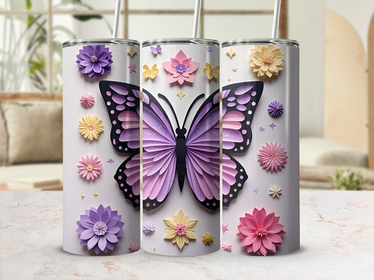 Three purple and yellow floral tumblers with butterfly designs.