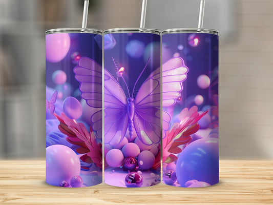 Three purple tumblers with butterfly and abstract sphere designs.