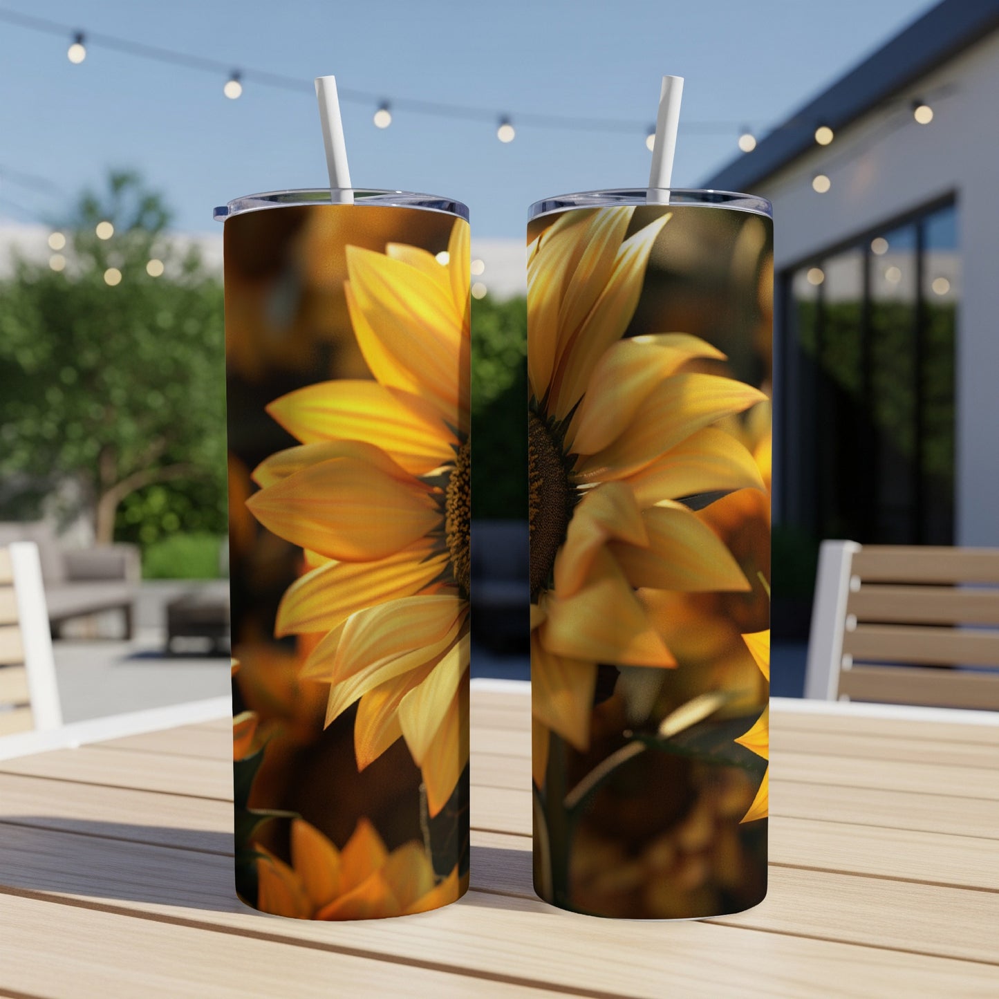 Two tumblers featuring a close-up of yellow and orange daisy-like flowers.