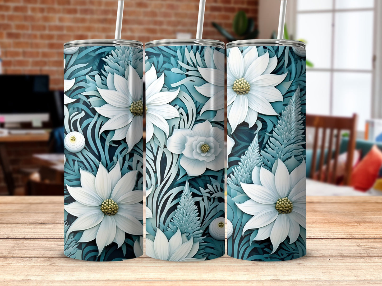 Blue and White Floral Design Stainless Steel Tumbler