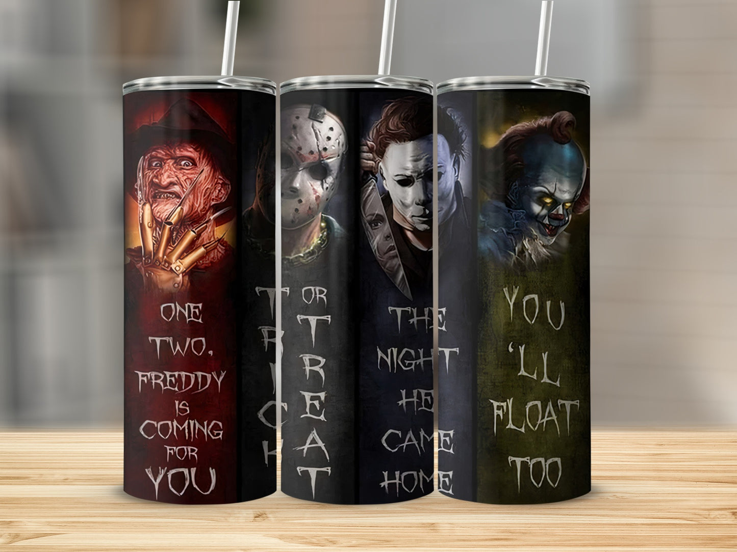 Tumblers featuring Freddy, Jason, Michael Myers, and Pennywise with horror movie quotes.