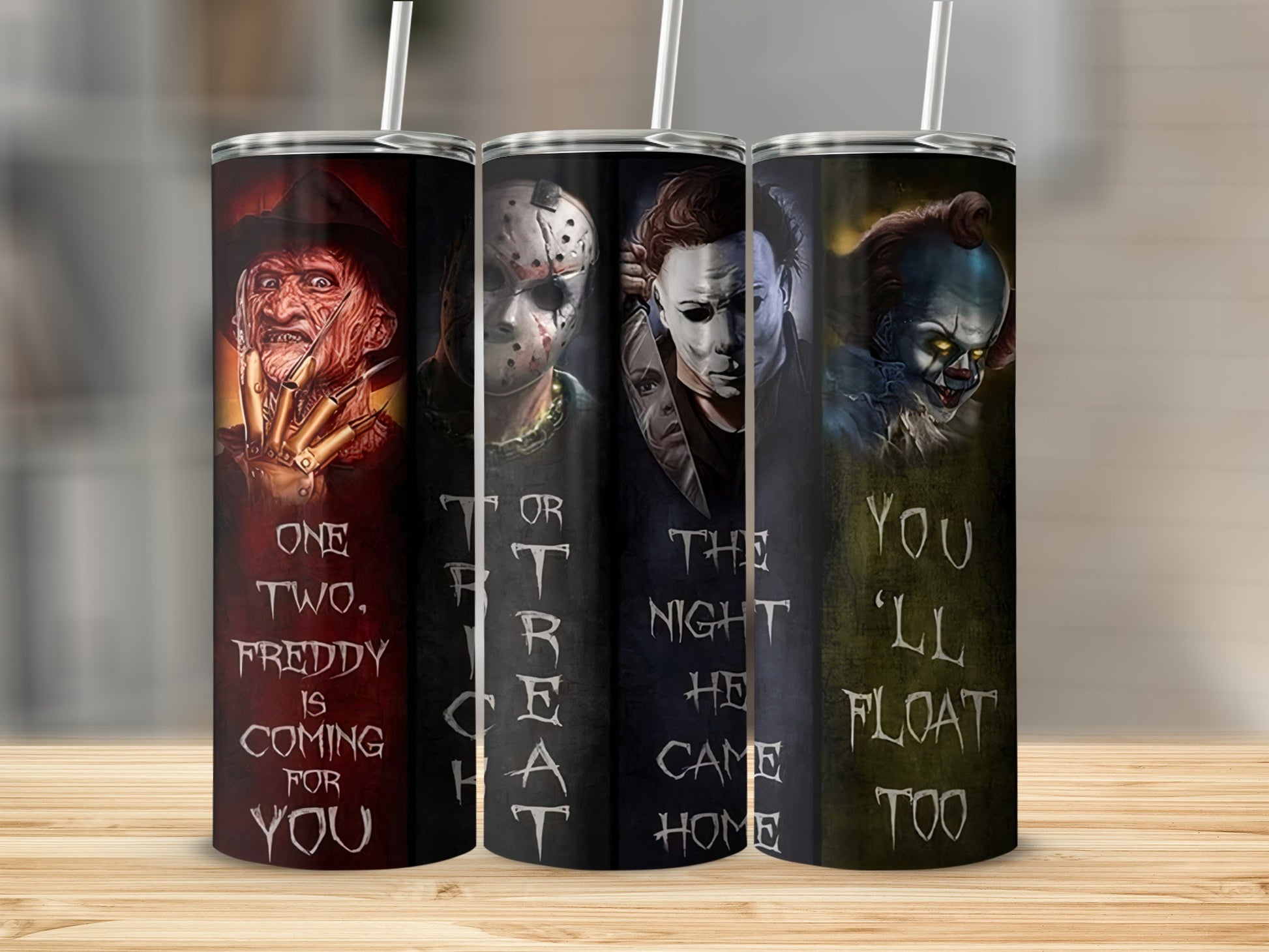 Tumblers featuring Freddy, Jason, Michael Myers, and Pennywise with horror movie quotes.