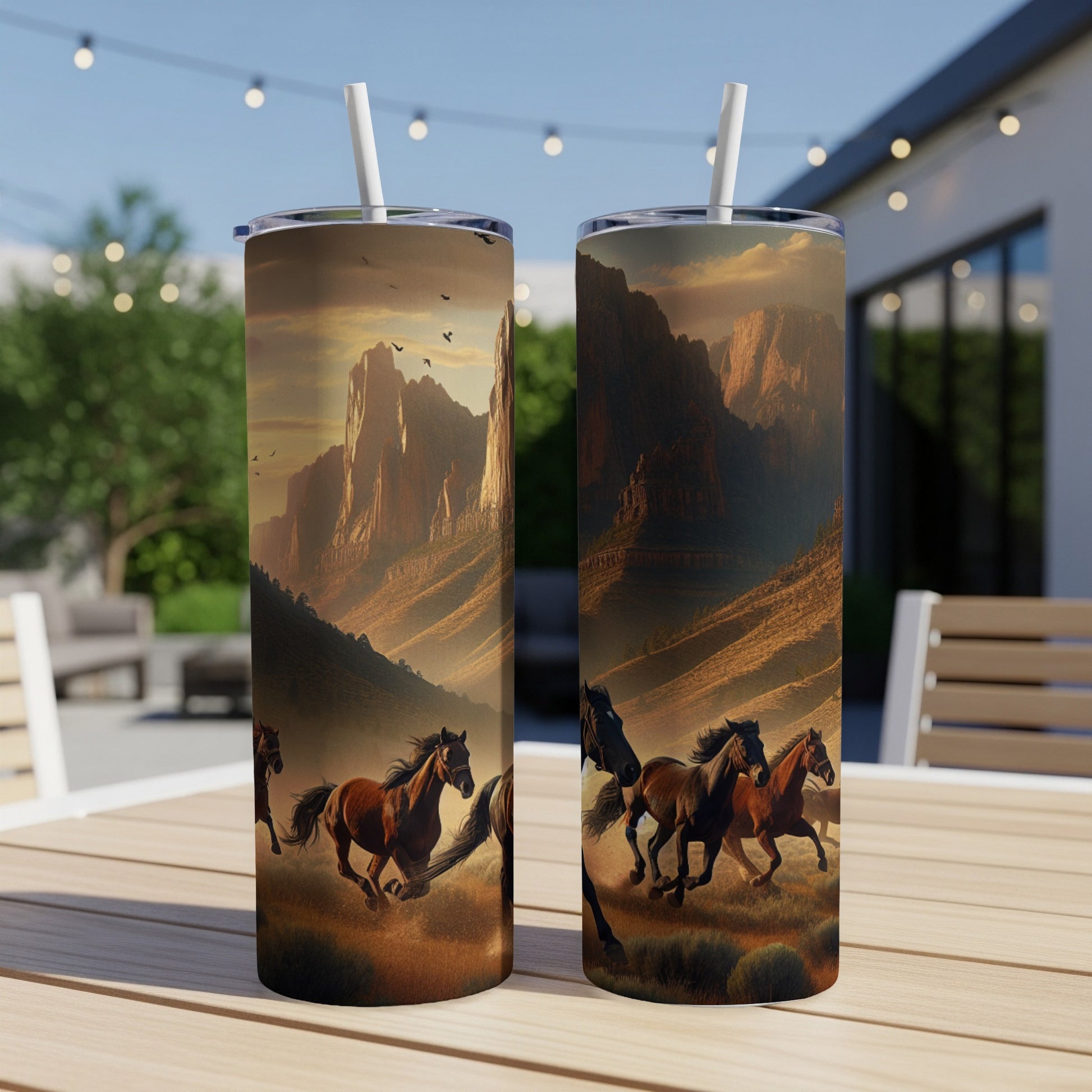 Two tumblers with a landscape featuring running horses and mountains.