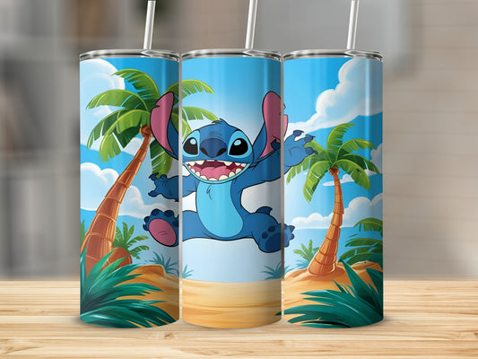 Stitch character jumping on a beach with palm trees.