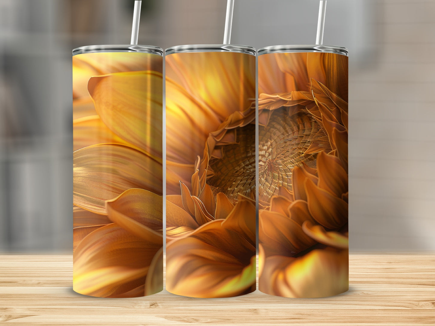 Three tumblers featuring a close-up of a golden sunflower with a straw.