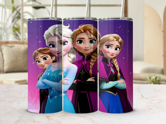 Elsa and Anna from Frozen on a purple tumbler with straws.