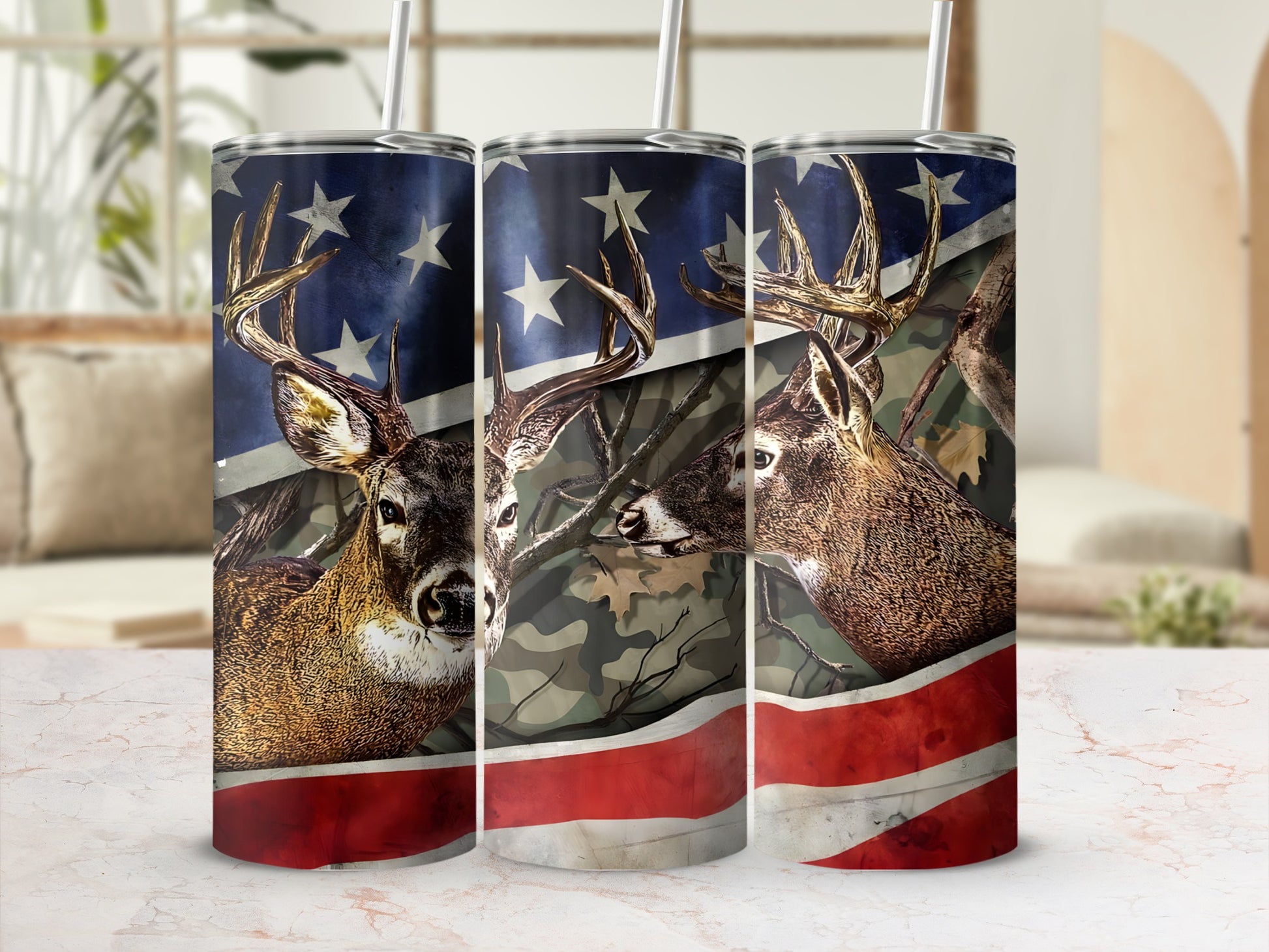 Tumbler with American flag and camouflage deer design.