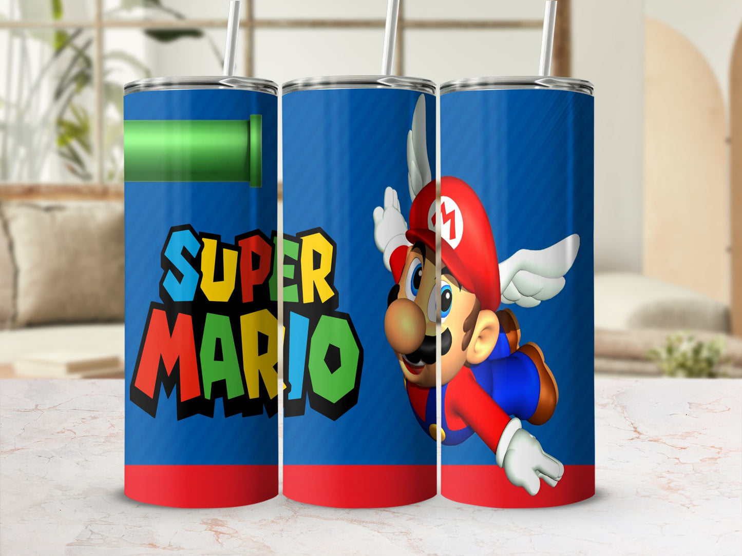 Super Mario characters and logo on a blue tumbler with red and yellow stripes.
