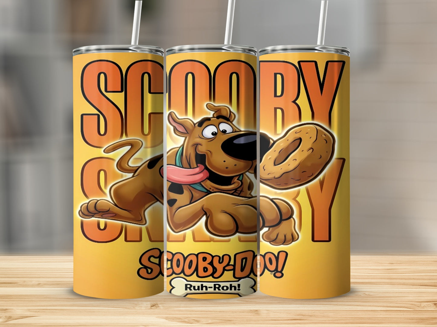 Scooby-Doo cartoon character with a donut, "Ruh-Roh!" text.