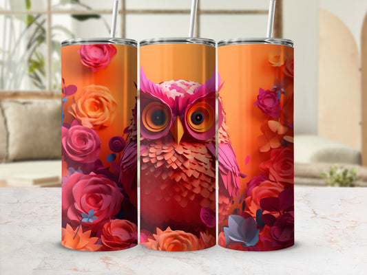 Three tumblers with an owl design surrounded by pink and orange flowers.