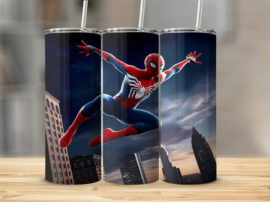 Spiderman leaping through city skyline at night.