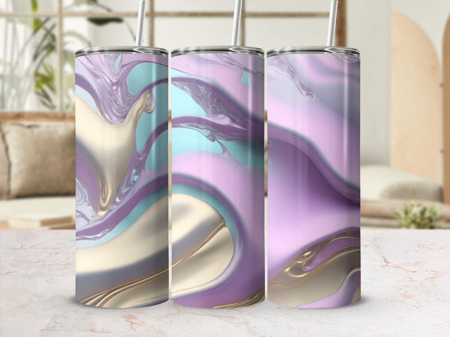 Three tumblers with iridescent marbled patterns in purple, blue, and gold.