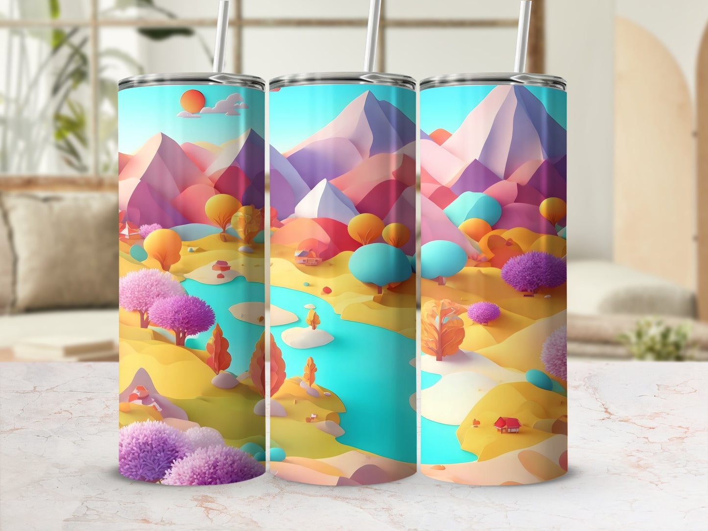 Three tumblers with abstract pastel mountain landscape and river scene.
