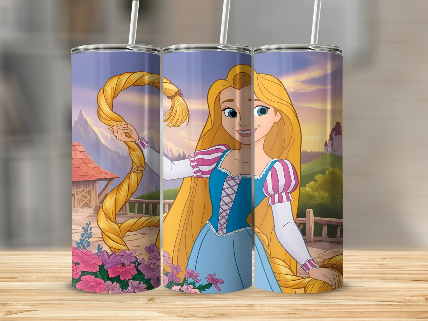 Tangled's Rapunzel holding her long braid, with castle background.