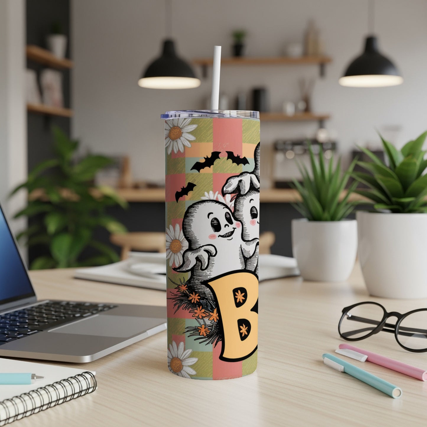 Halloween tumbler with ghosts, bats, daisies, and a large "B".