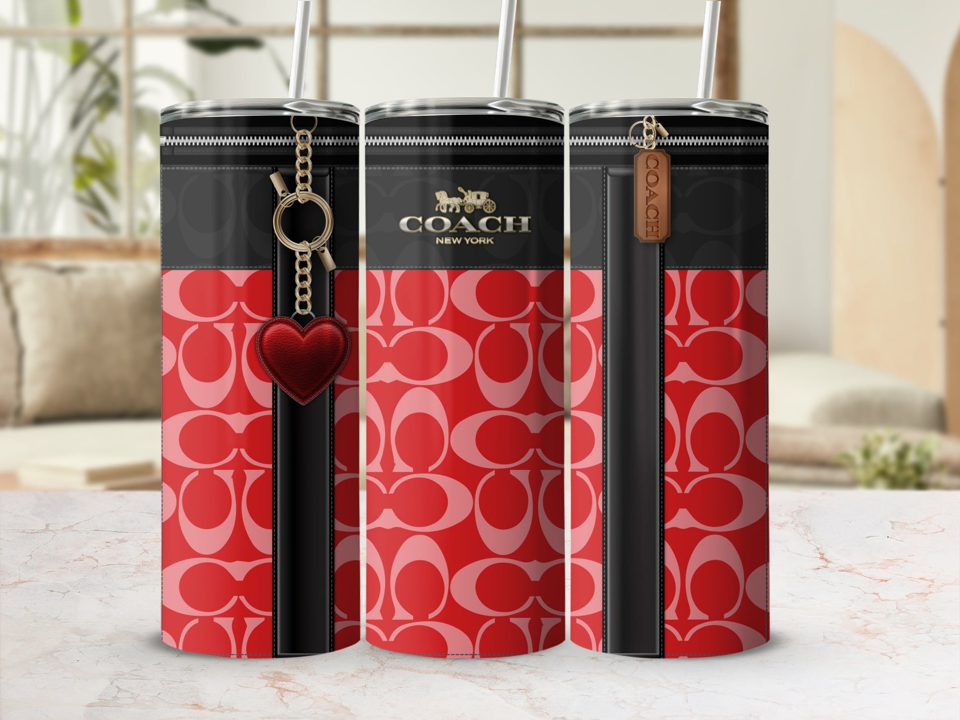 Red and Black Designer Patterned Tumbler With Straw