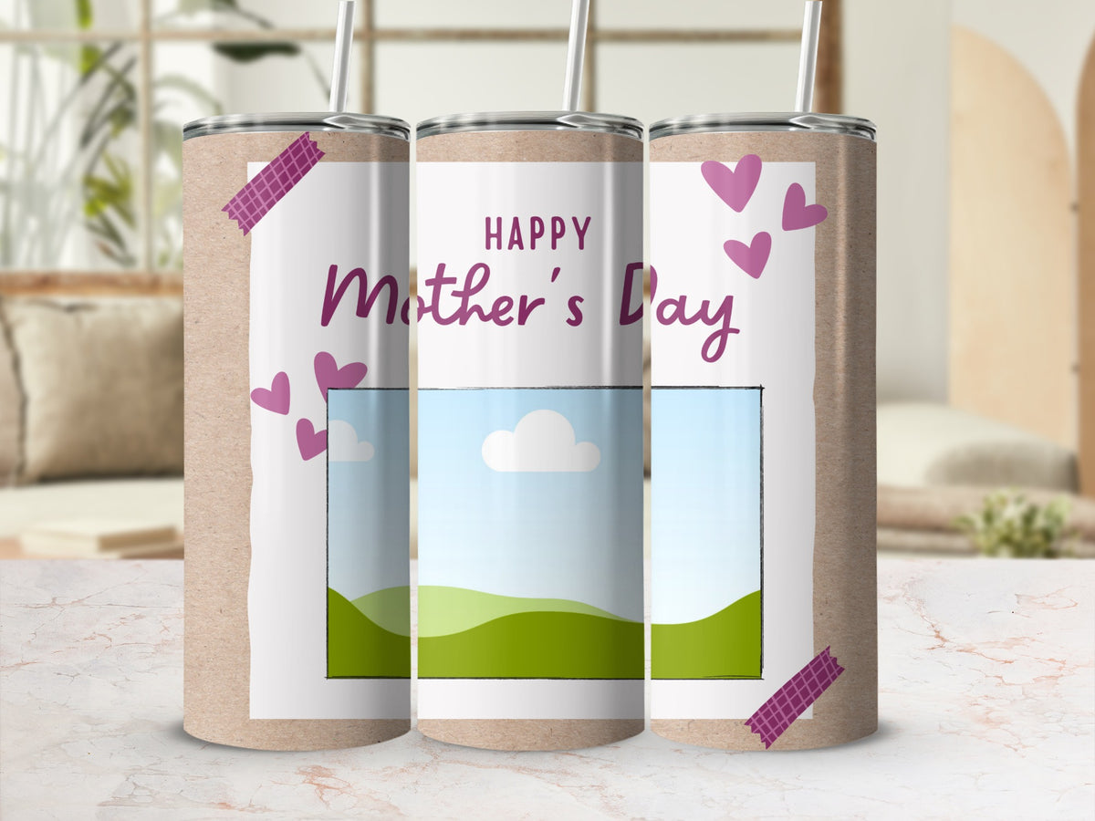 Three tumblers with "Happy Mother's Day" and heart graphics.