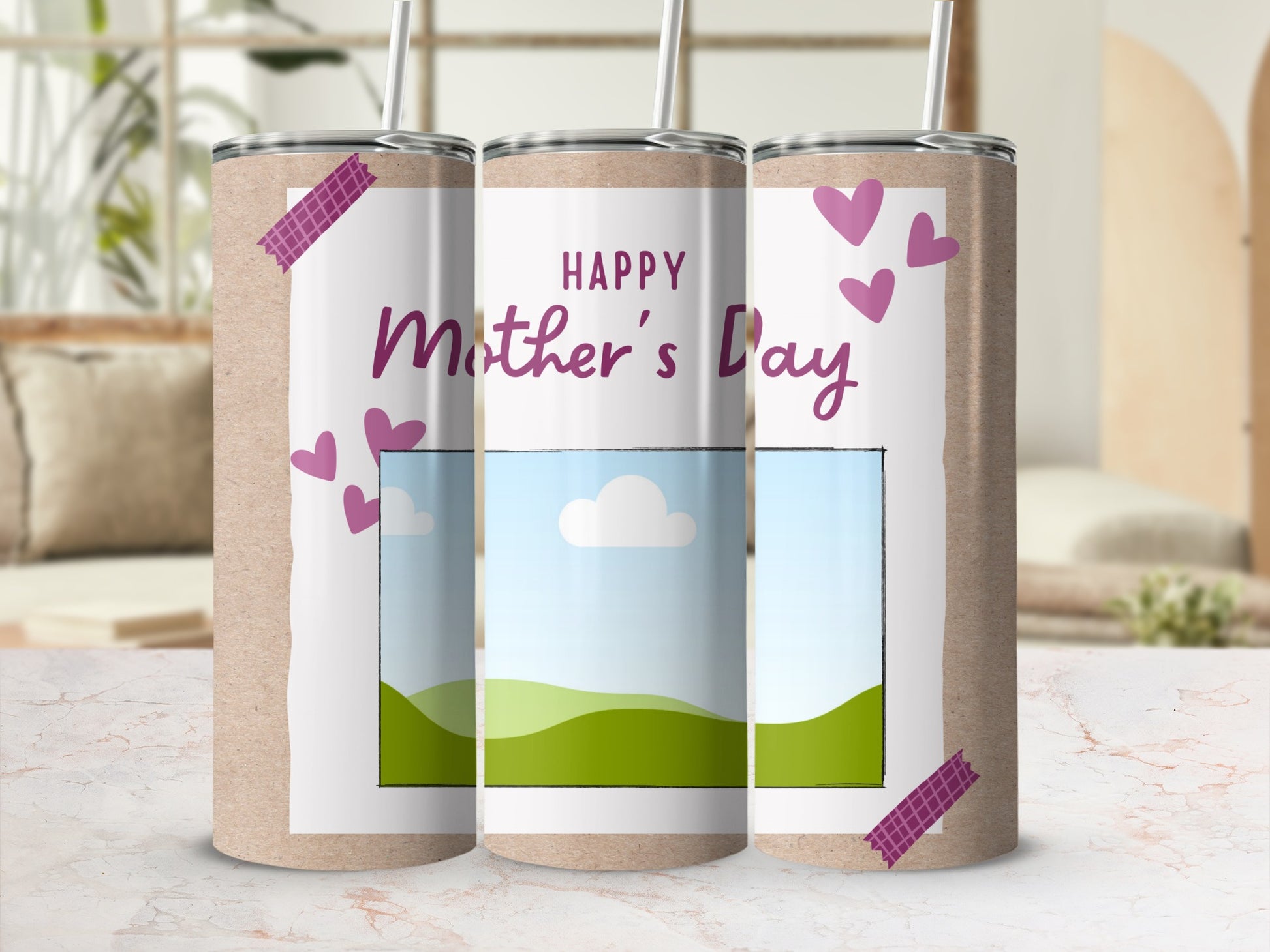 Three tumblers with "Happy Mother's Day" and heart graphics.