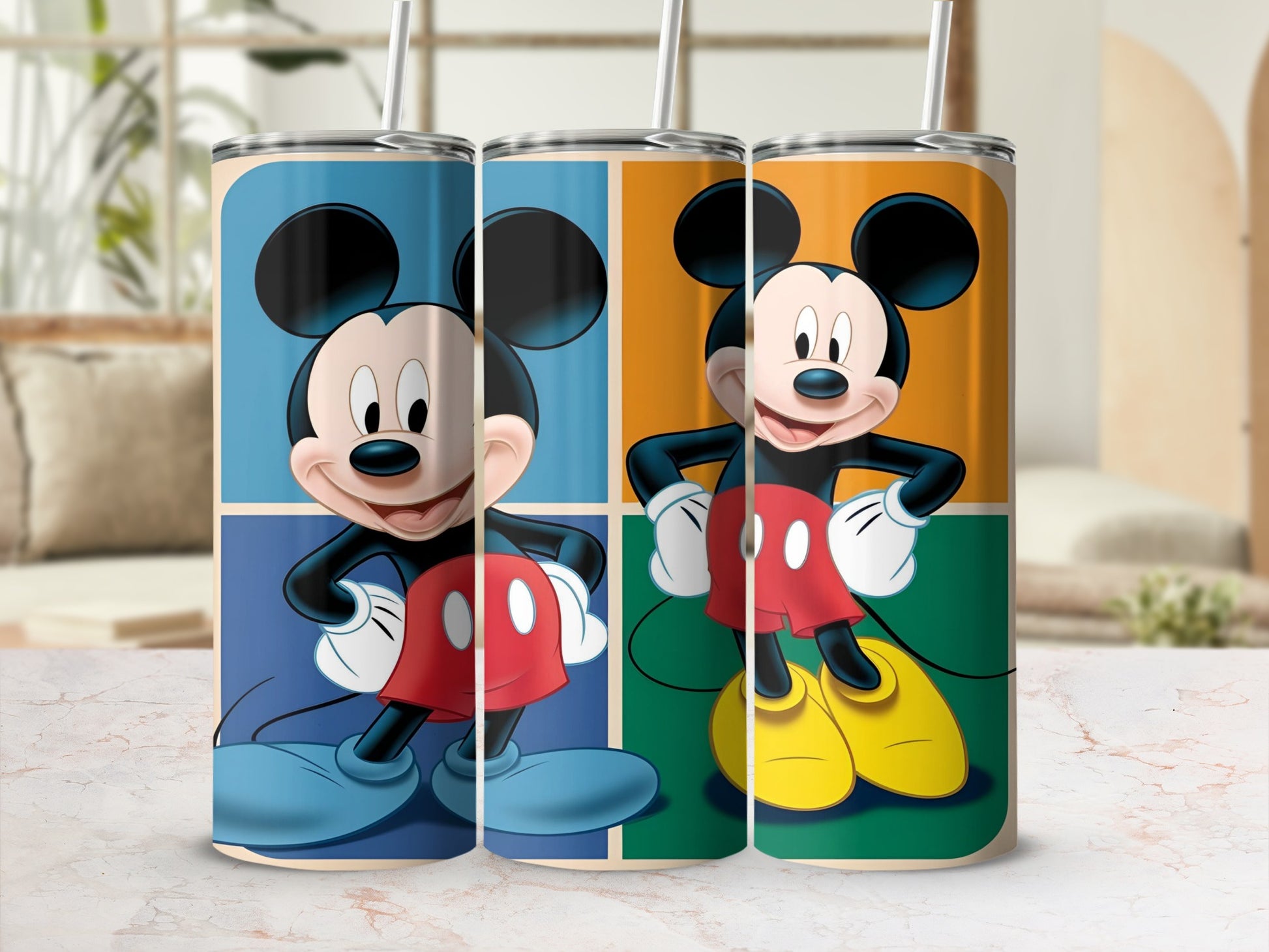 Mickey Mouse on blue, orange, and green backgrounds with straws.