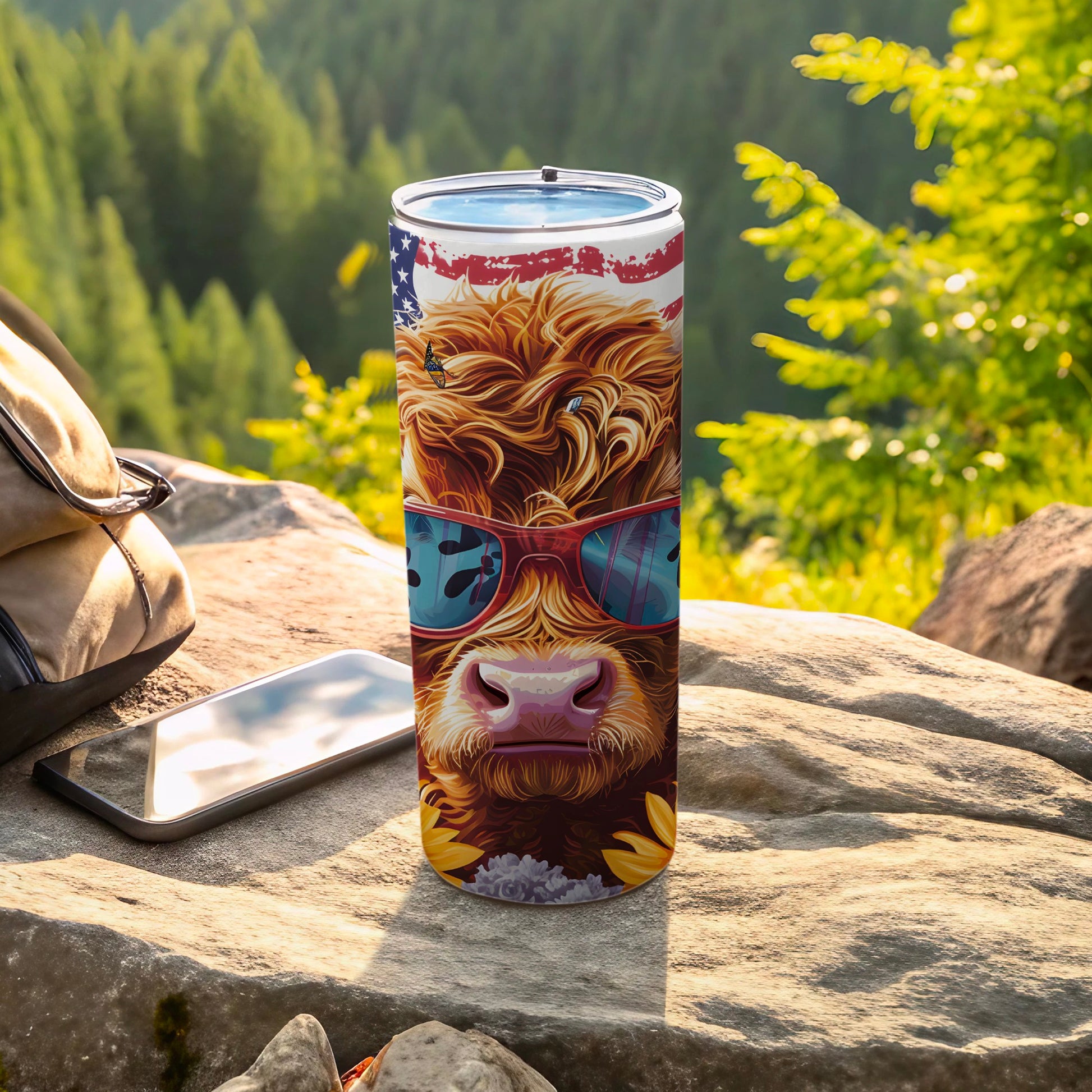 Highland cow wearing sunglasses on a tumbler with sunflowers and bees.