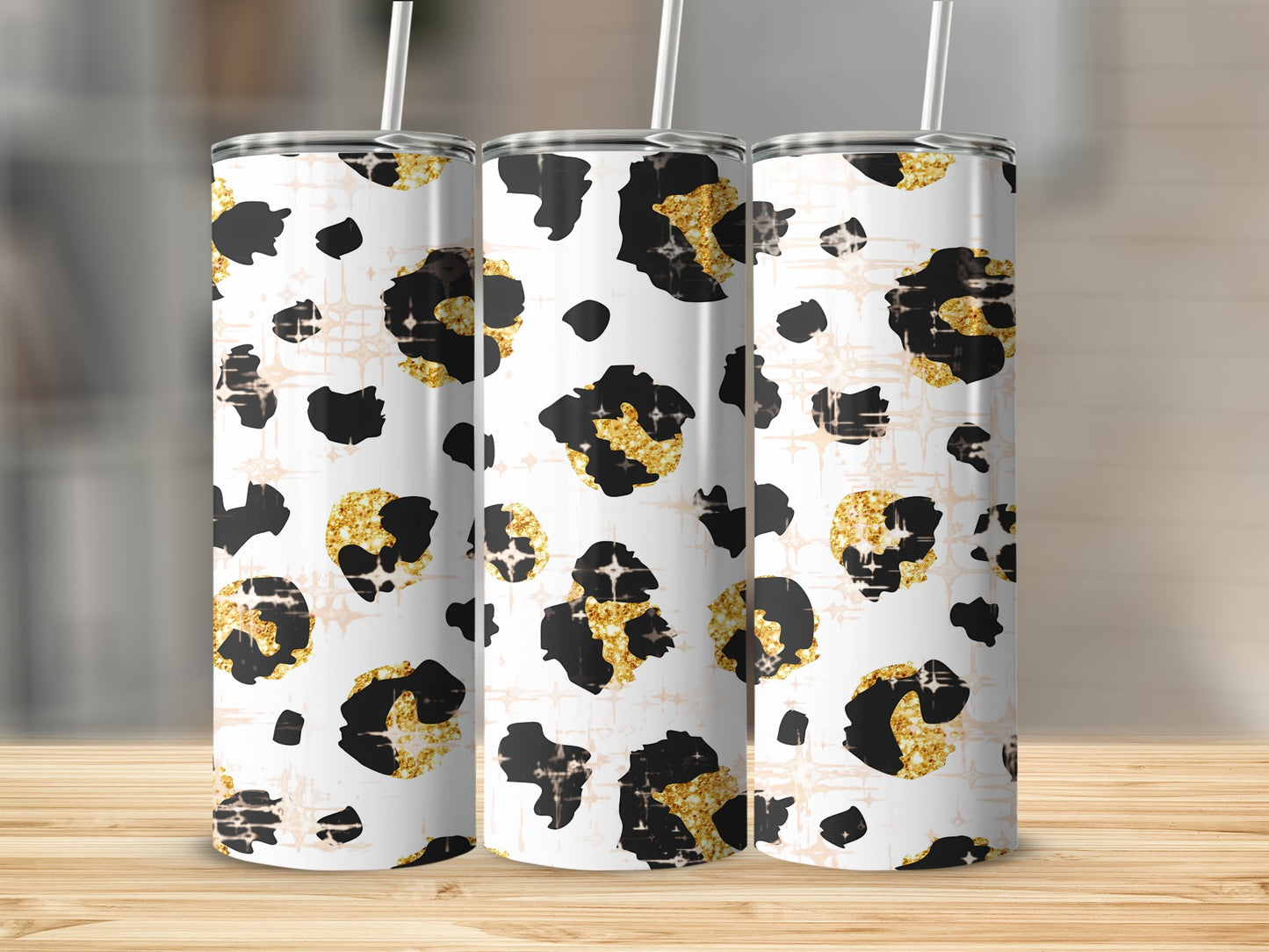 Stylish Gold Glitter Leopard Print Tumbler with Straw