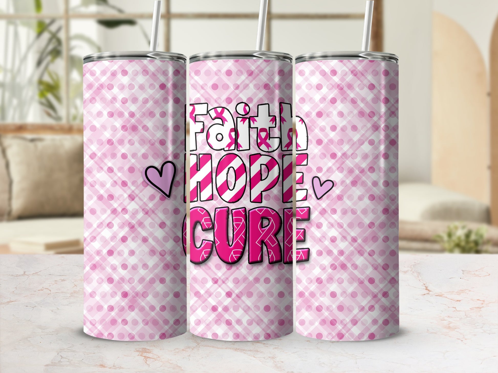 Pink checkered tumbler with "Faith Hope Cure" text and hearts.