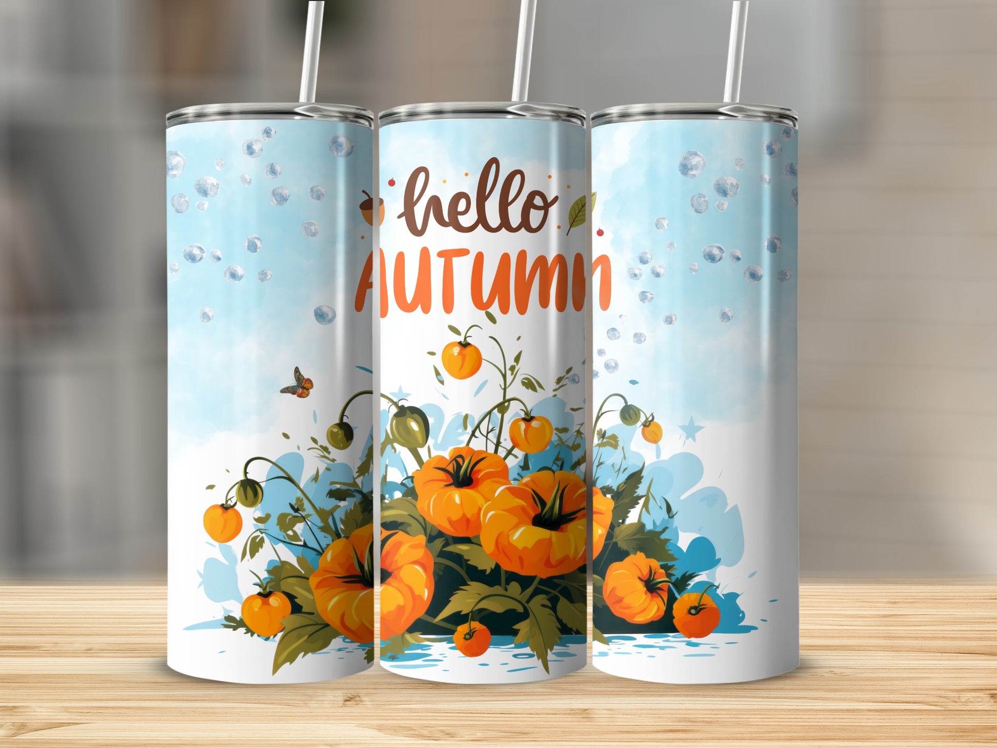Hello Autumn Floral Pumpkin Design Tumbler Cup