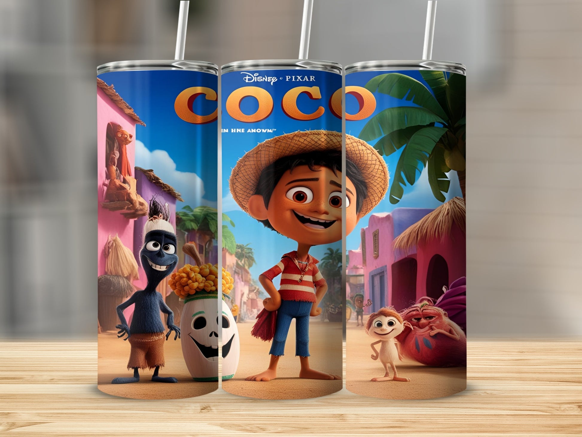 Miguel and friends from Disney's Coco on a colorful, sunny street.