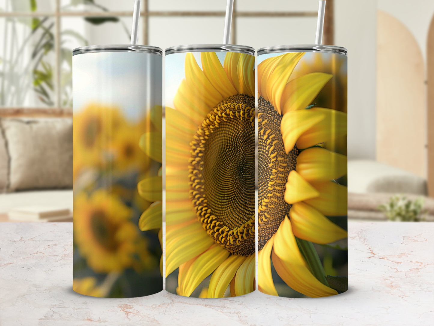 Three tumblers with sunflowers, one close-up, with a blurred background.